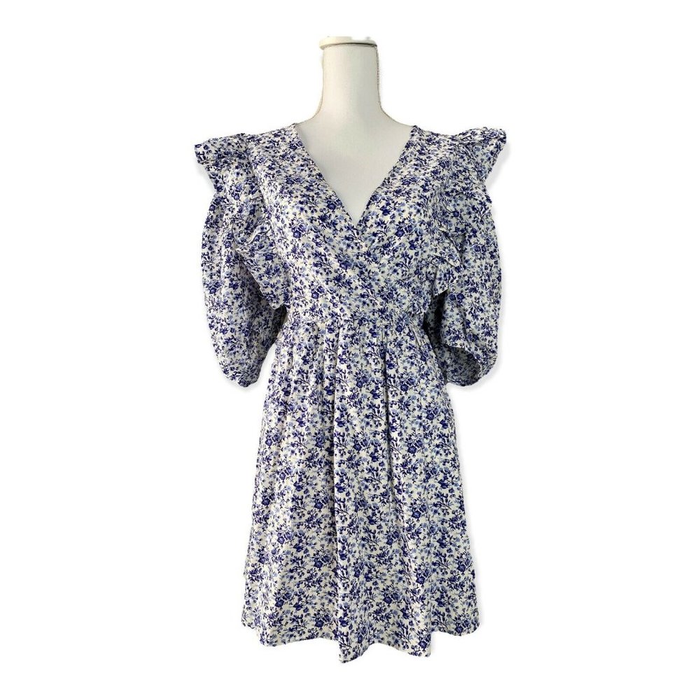 H&M Women’s Blue and White Floral Anglaise Puffed Sleeves Oversized Mini Dress M